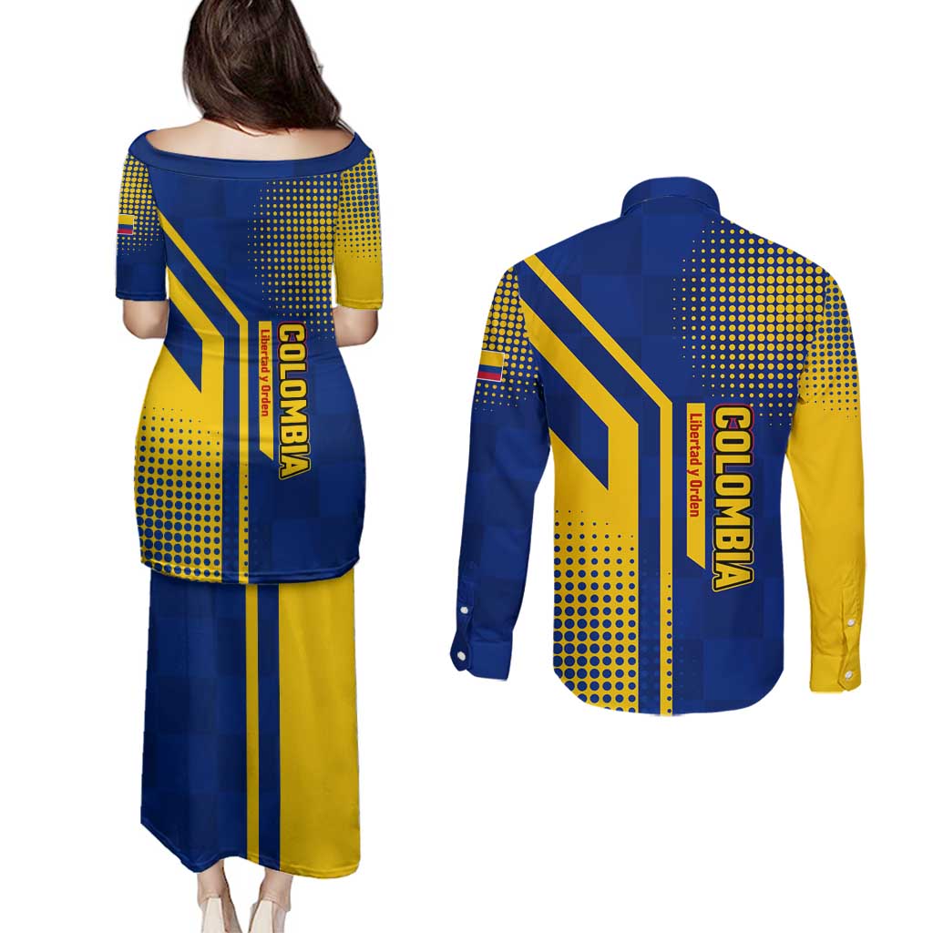Colombia Flag Colors Couples Matching Puletasi and Long Sleeve Button Shirt with National Crest and Libertad y Orden Motto Design - Wonder Print Shop