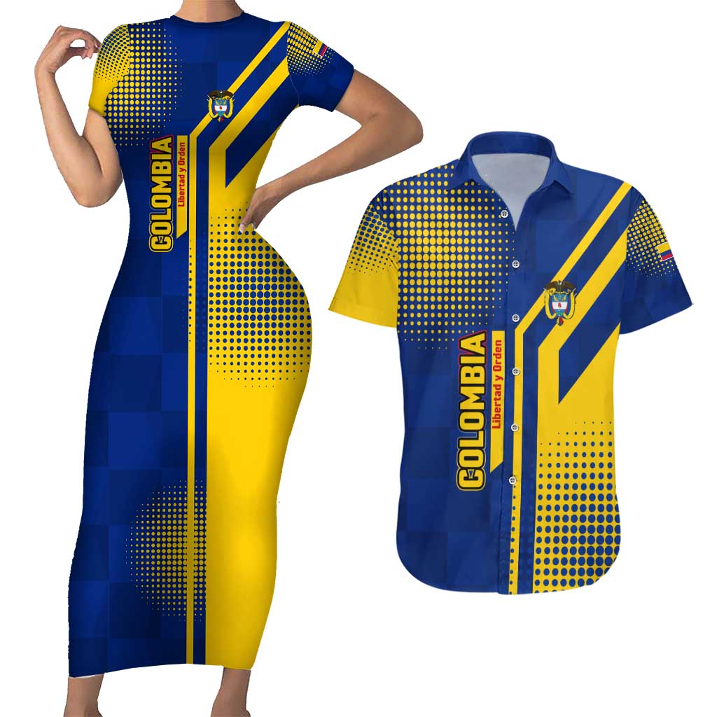 Colombia Flag Colors Couples Matching Short Sleeve Bodycon Dress and Hawaiian Shirt with National Crest and Libertad y Orden Motto Design - Wonder Print Shop