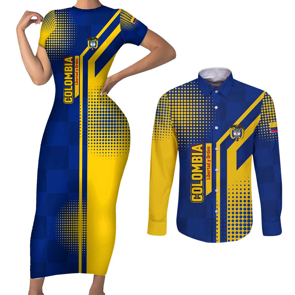 Colombia Flag Colors Couples Matching Short Sleeve Bodycon Dress and Long Sleeve Button Shirt with National Crest and Libertad y Orden Motto Design - Wonder Print Shop