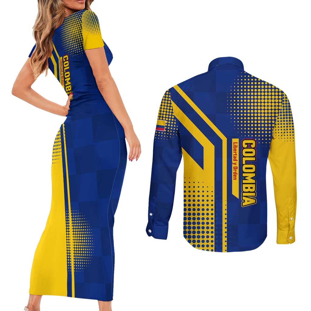 Colombia Flag Colors Couples Matching Short Sleeve Bodycon Dress and Long Sleeve Button Shirt with National Crest and Libertad y Orden Motto Design - Wonder Print Shop