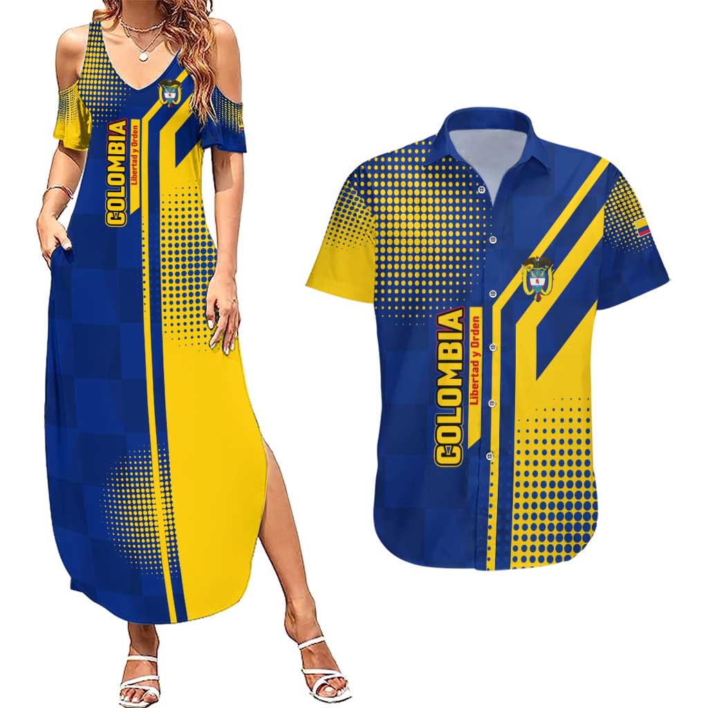 Colombia Flag Colors Couples Matching Summer Maxi Dress and Hawaiian Shirt with National Crest and Libertad y Orden Motto Design - Wonder Print Shop