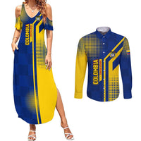 Colombia Flag Colors Couples Matching Summer Maxi Dress and Long Sleeve Button Shirt with National Crest and Libertad y Orden Motto Design - Wonder Print Shop