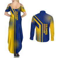 Colombia Flag Colors Couples Matching Summer Maxi Dress and Long Sleeve Button Shirt with National Crest and Libertad y Orden Motto Design - Wonder Print Shop