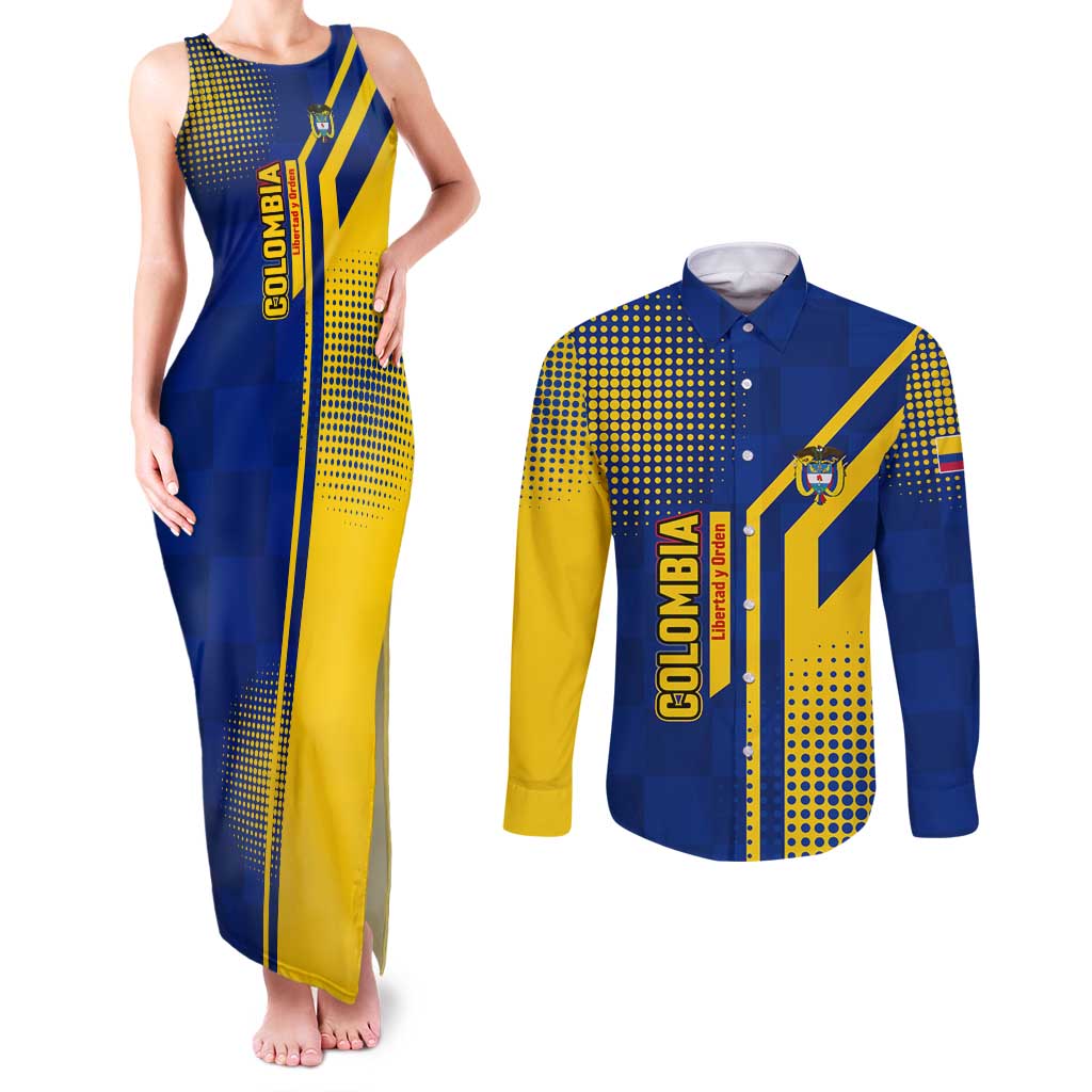 Colombia Flag Colors Couples Matching Tank Maxi Dress and Long Sleeve Button Shirt with National Crest and Libertad y Orden Motto Design - Wonder Print Shop