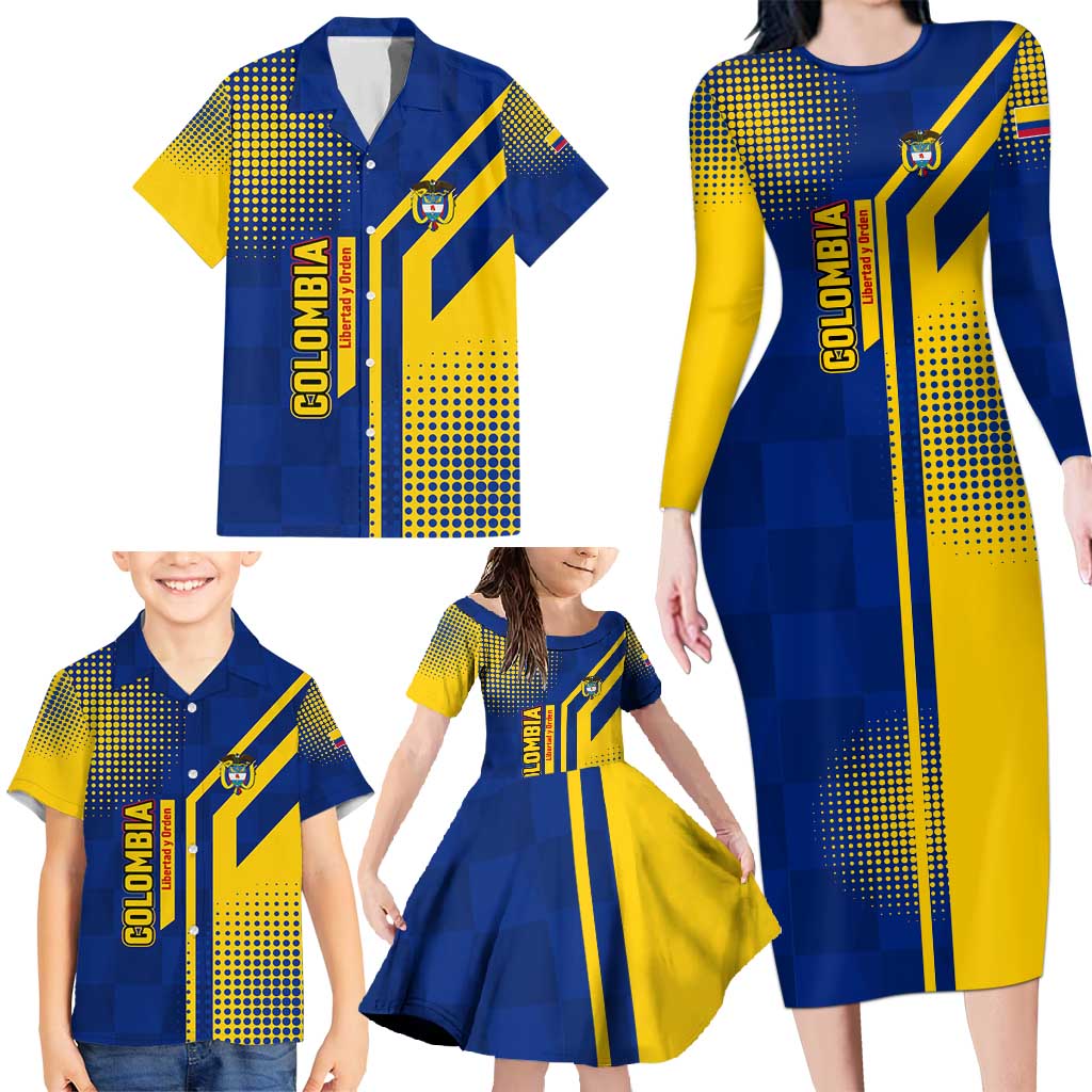 Colombia Flag Colors Family Matching Long Sleeve Bodycon Dress and Hawaiian Shirt with National Crest and Libertad y Orden Motto Design - Wonder Print Shop