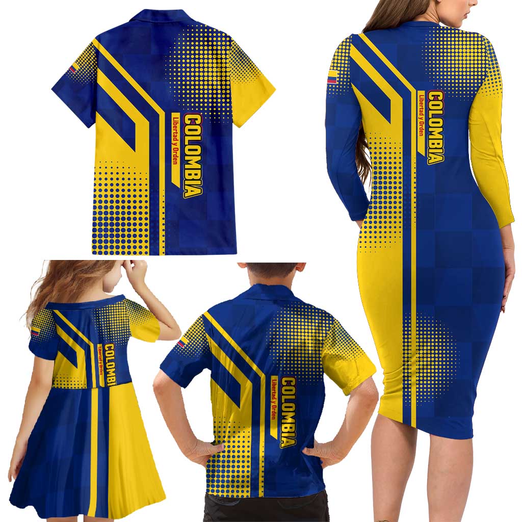 Colombia Flag Colors Family Matching Long Sleeve Bodycon Dress and Hawaiian Shirt with National Crest and Libertad y Orden Motto Design - Wonder Print Shop
