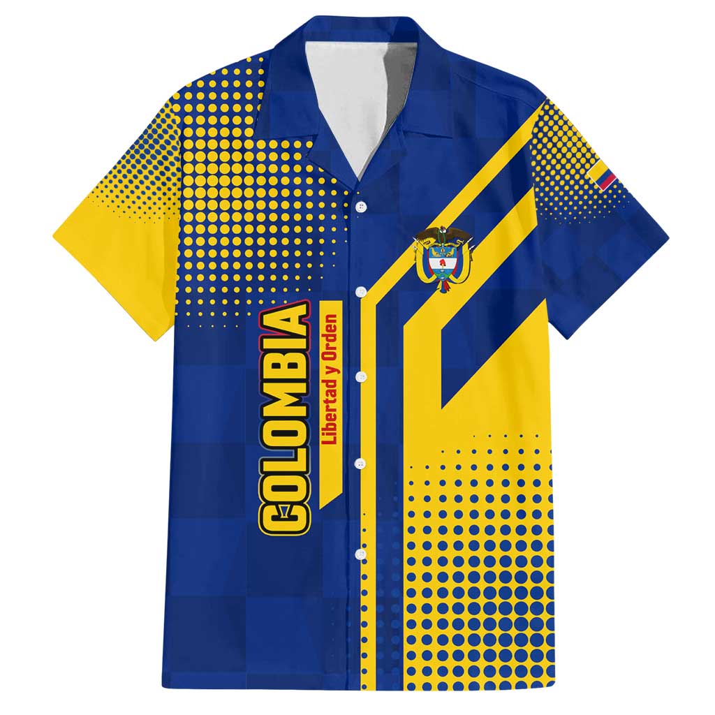 Colombia Flag Colors Family Matching Long Sleeve Bodycon Dress and Hawaiian Shirt with National Crest and Libertad y Orden Motto Design - Wonder Print Shop