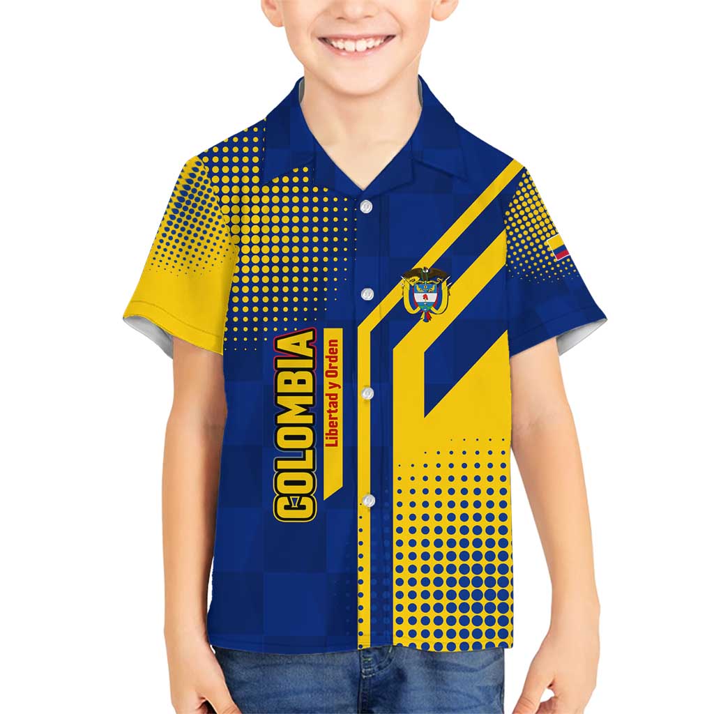 Colombia Flag Colors Family Matching Long Sleeve Bodycon Dress and Hawaiian Shirt with National Crest and Libertad y Orden Motto Design - Wonder Print Shop