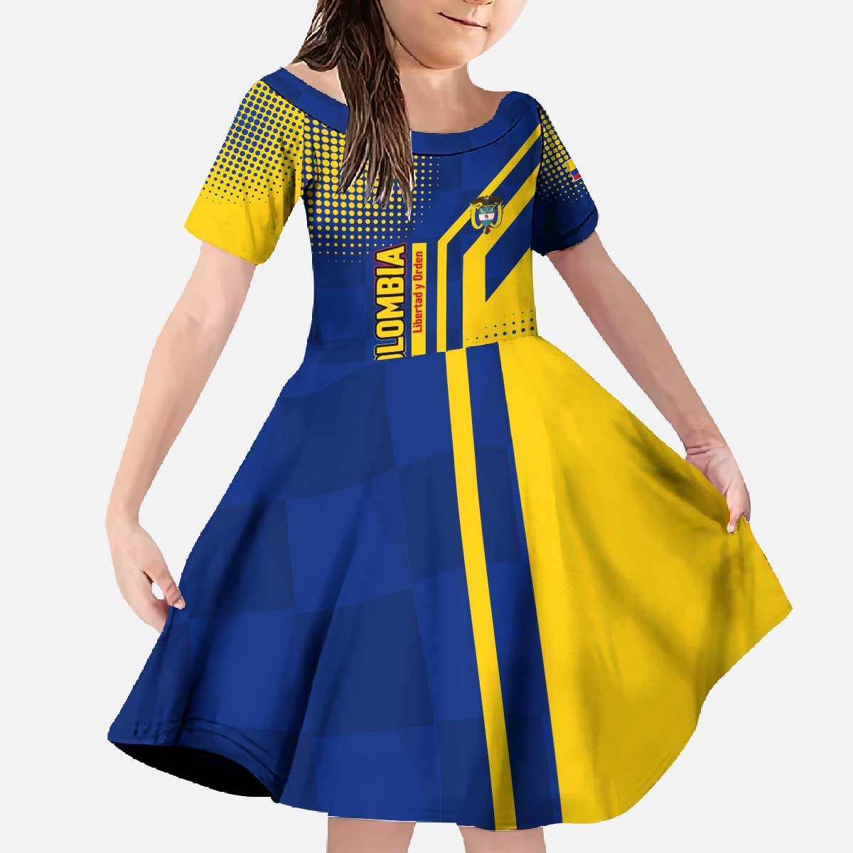Colombia Flag Colors Family Matching Off The Shoulder Long Sleeve Dress and Hawaiian Shirt with National Crest and Libertad y Orden Motto Design - Wonder Print Shop