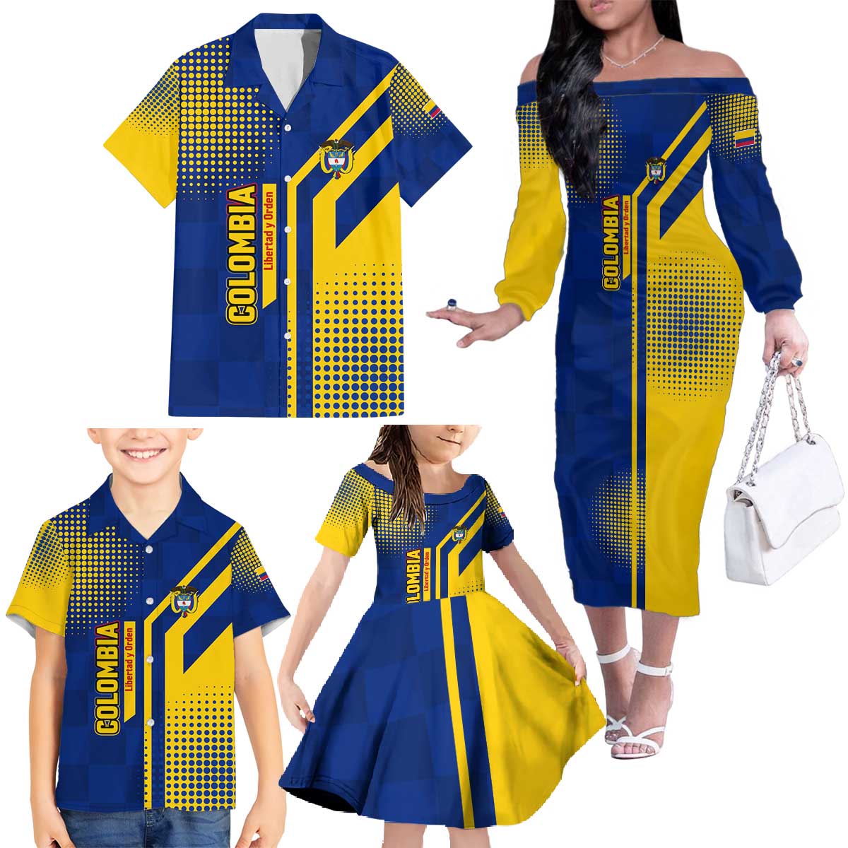 Colombia Flag Colors Family Matching Off The Shoulder Long Sleeve Dress and Hawaiian Shirt with National Crest and Libertad y Orden Motto Design - Wonder Print Shop