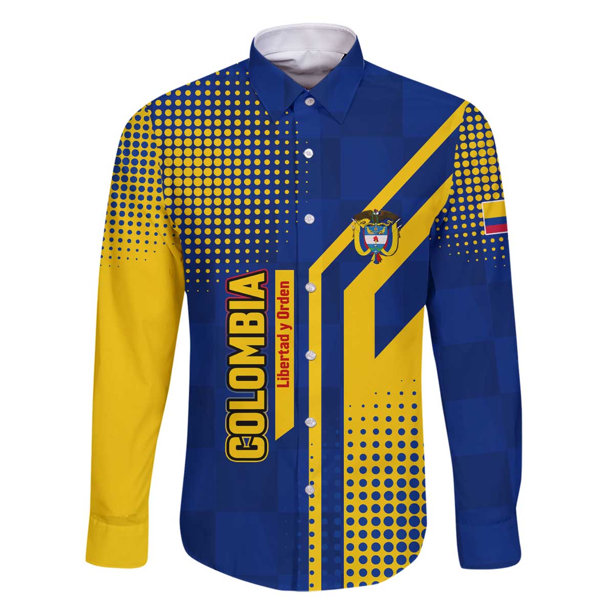 Colombia Flag Colors Family Matching Off The Shoulder Long Sleeve Dress and Hawaiian Shirt with National Crest and Libertad y Orden Motto Design - Wonder Print Shop