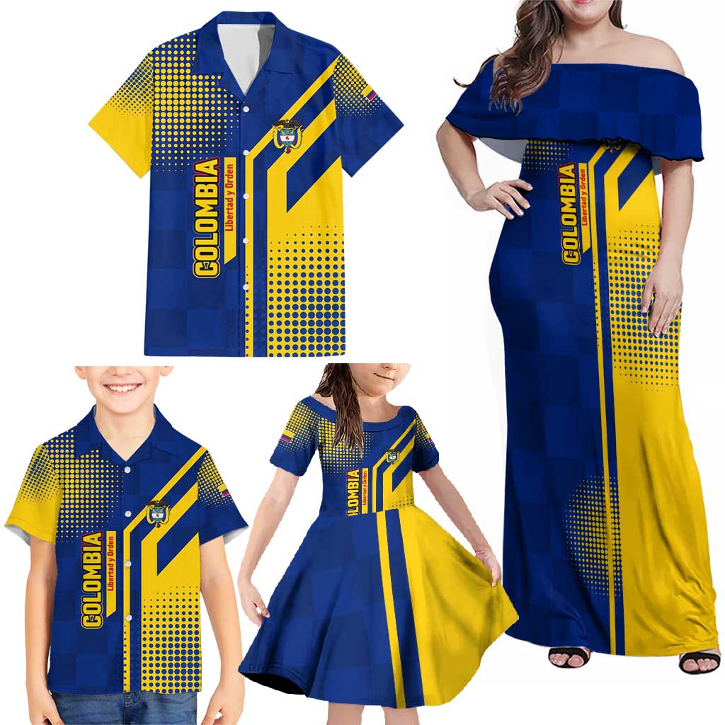 Colombia Flag Colors Family Matching Off Shoulder Maxi Dress and Hawaiian Shirt with National Crest and Libertad y Orden Motto Design - Wonder Print Shop