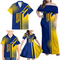 Colombia Flag Colors Family Matching Off Shoulder Maxi Dress and Hawaiian Shirt with National Crest and Libertad y Orden Motto Design - Wonder Print Shop