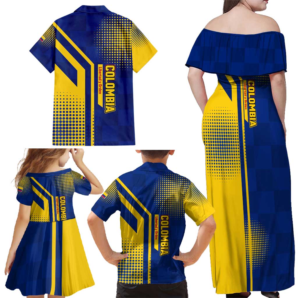 Colombia Flag Colors Family Matching Off Shoulder Maxi Dress and Hawaiian Shirt with National Crest and Libertad y Orden Motto Design - Wonder Print Shop