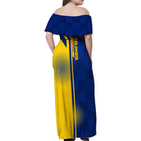 Colombia Flag Colors Family Matching Off Shoulder Maxi Dress and Hawaiian Shirt with National Crest and Libertad y Orden Motto Design - Wonder Print Shop