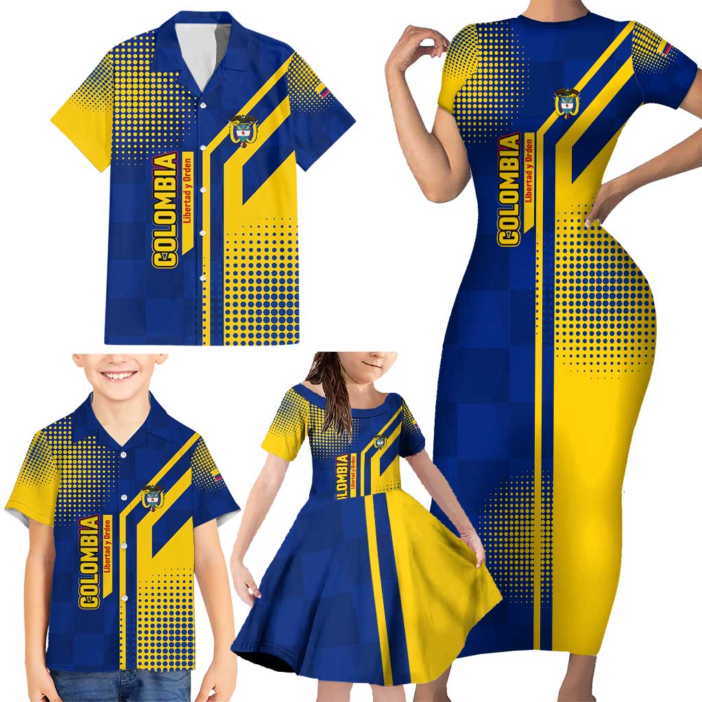 Colombia Flag Colors Family Matching Short Sleeve Bodycon Dress and Hawaiian Shirt with National Crest and Libertad y Orden Motto Design - Wonder Print Shop