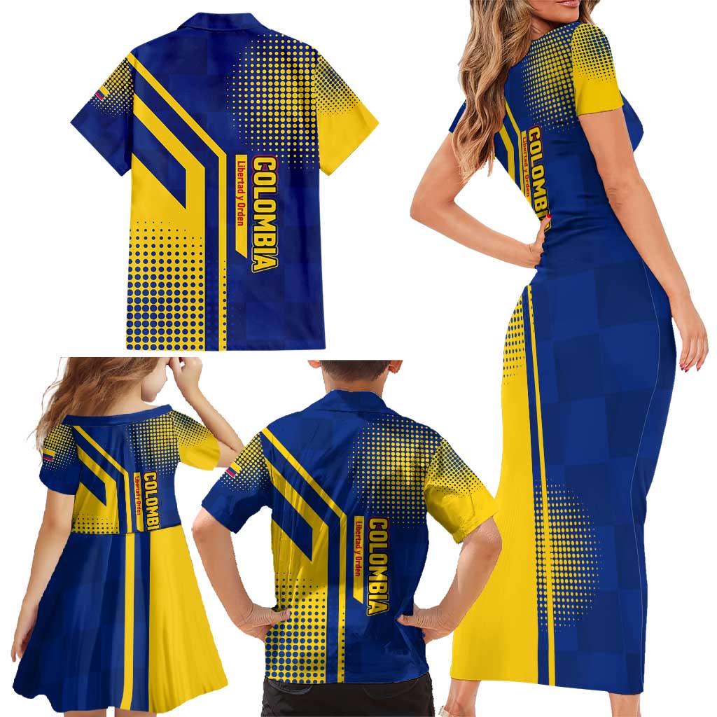 Colombia Flag Colors Family Matching Short Sleeve Bodycon Dress and Hawaiian Shirt with National Crest and Libertad y Orden Motto Design - Wonder Print Shop