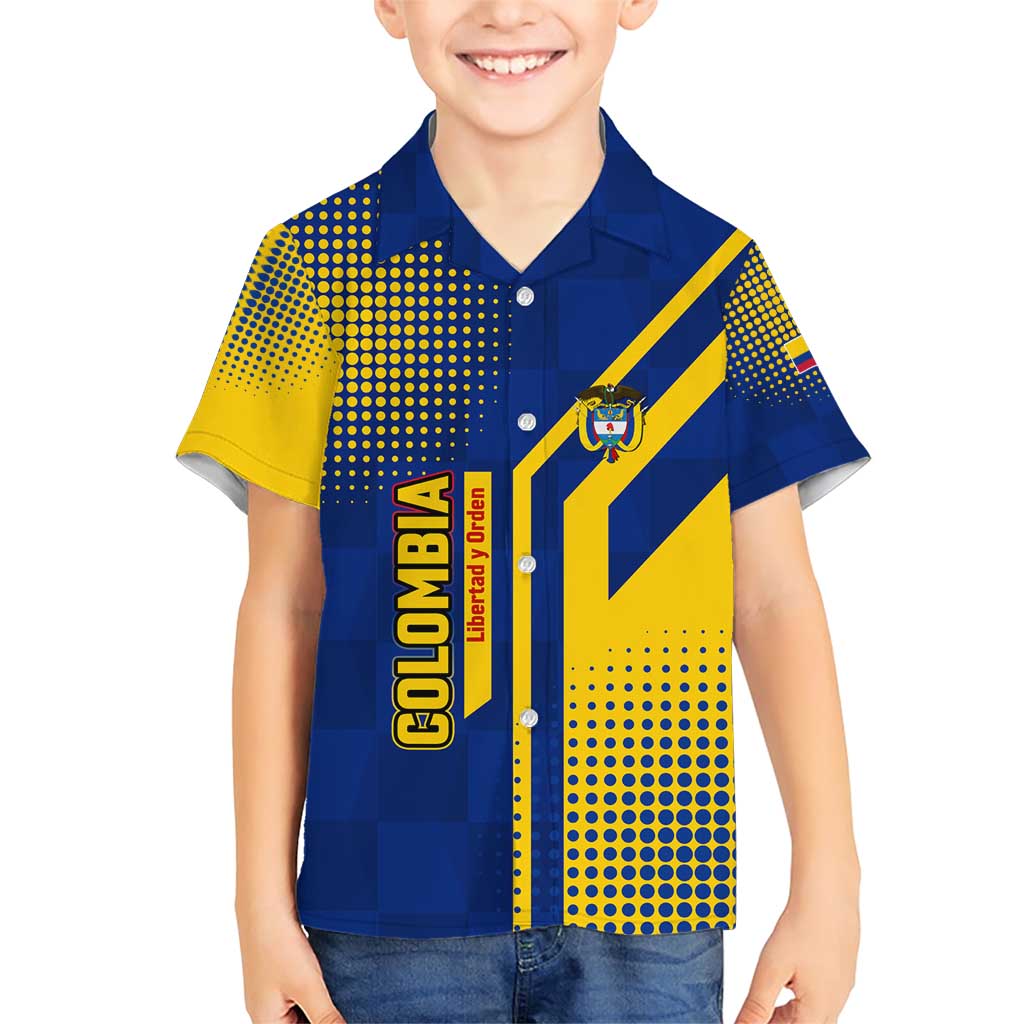 Colombia Flag Colors Family Matching Short Sleeve Bodycon Dress and Hawaiian Shirt with National Crest and Libertad y Orden Motto Design - Wonder Print Shop