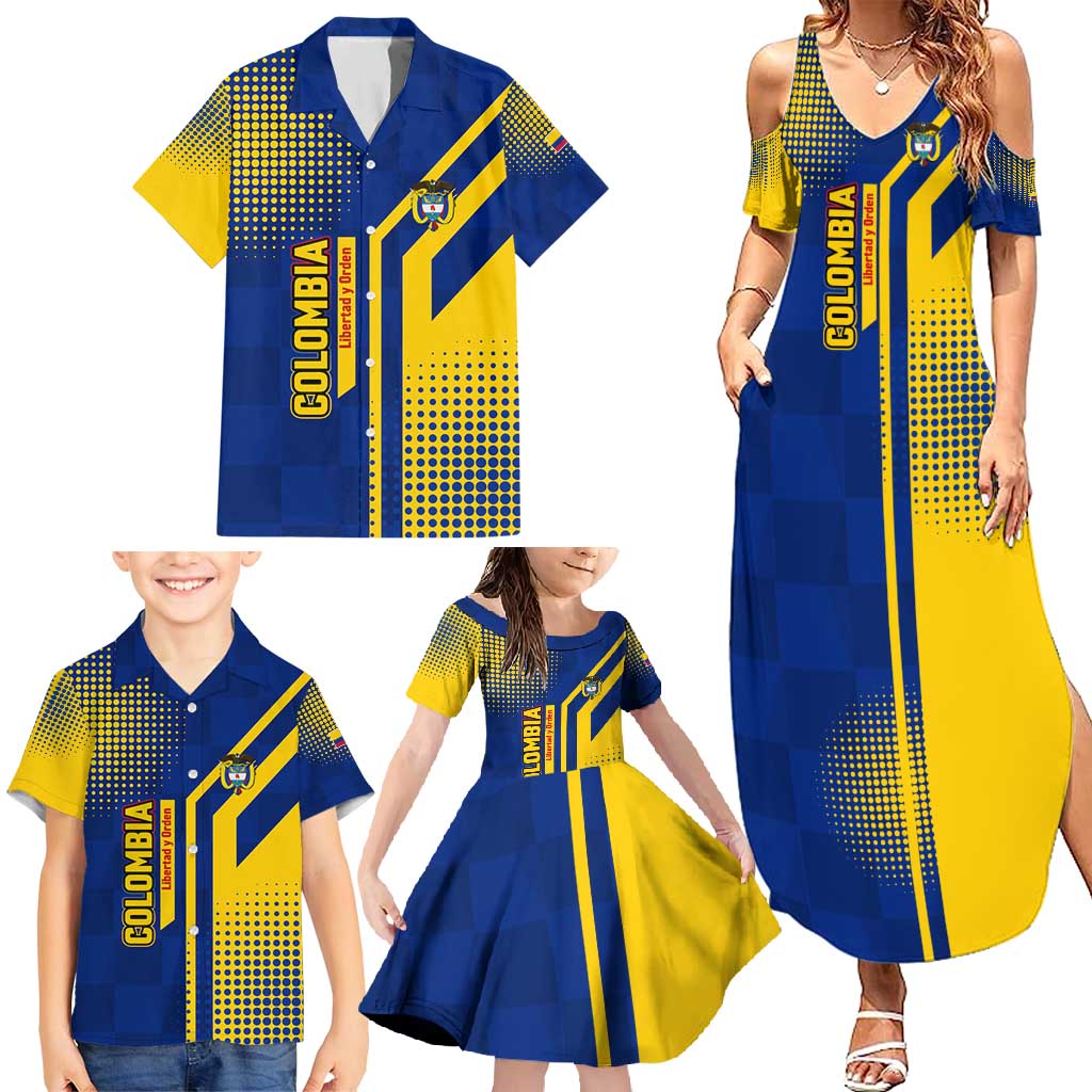 Colombia Flag Colors Family Matching Summer Maxi Dress and Hawaiian Shirt with National Crest and Libertad y Orden Motto Design - Wonder Print Shop
