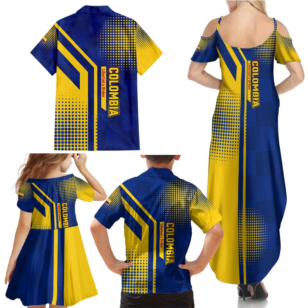 Colombia Flag Colors Family Matching Summer Maxi Dress and Hawaiian Shirt with National Crest and Libertad y Orden Motto Design - Wonder Print Shop
