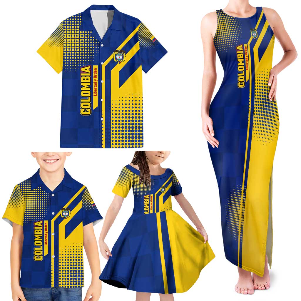 Colombia Flag Colors Family Matching Tank Maxi Dress and Hawaiian Shirt with National Crest and Libertad y Orden Motto Design - Wonder Print Shop
