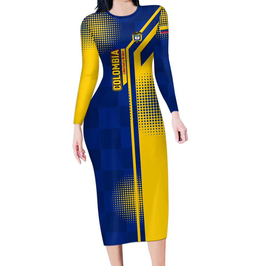 Colombia Flag Colors Long Sleeve Bodycon Dress with National Crest and Libertad y Orden Motto Design - Wonder Print Shop