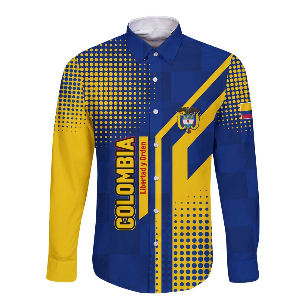 Colombia Flag Colors Long Sleeve Button Shirt with National Crest and Libertad y Orden Motto Design - Wonder Print Shop