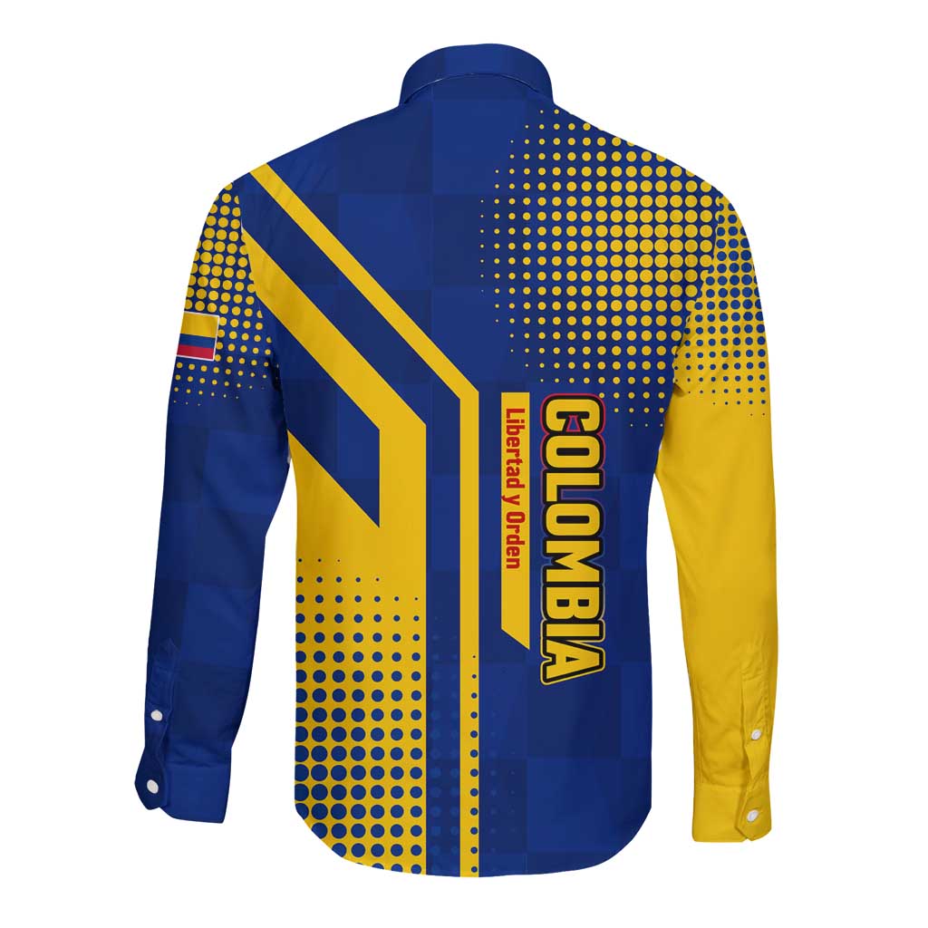 Colombia Flag Colors Long Sleeve Button Shirt with National Crest and Libertad y Orden Motto Design - Wonder Print Shop