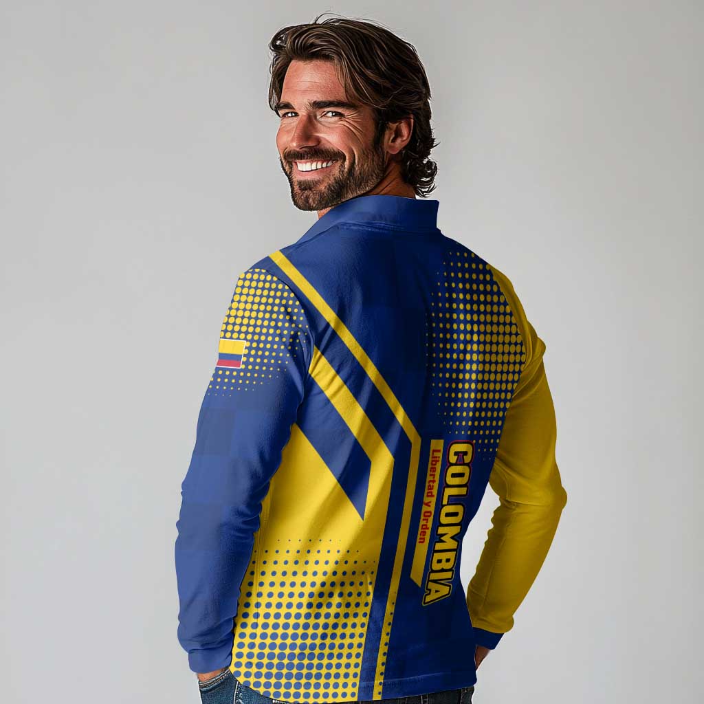 Colombia Flag Colors Long Sleeve Polo Shirt with National Crest and Libertad y Orden Motto Design - Wonder Print Shop