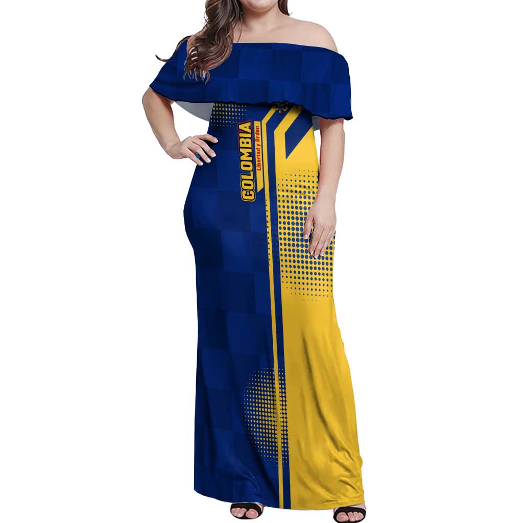 Colombia Flag Colors Off Shoulder Maxi Dress with National Crest and Libertad y Orden Motto Design - Wonder Print Shop