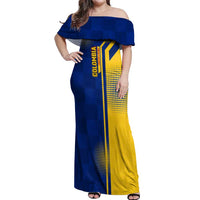 Colombia Flag Colors Off Shoulder Maxi Dress with National Crest and Libertad y Orden Motto Design - Wonder Print Shop