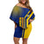 Colombia Flag Colors Off Shoulder Short Dress with National Crest and Libertad y Orden Motto Design - Wonder Print Shop