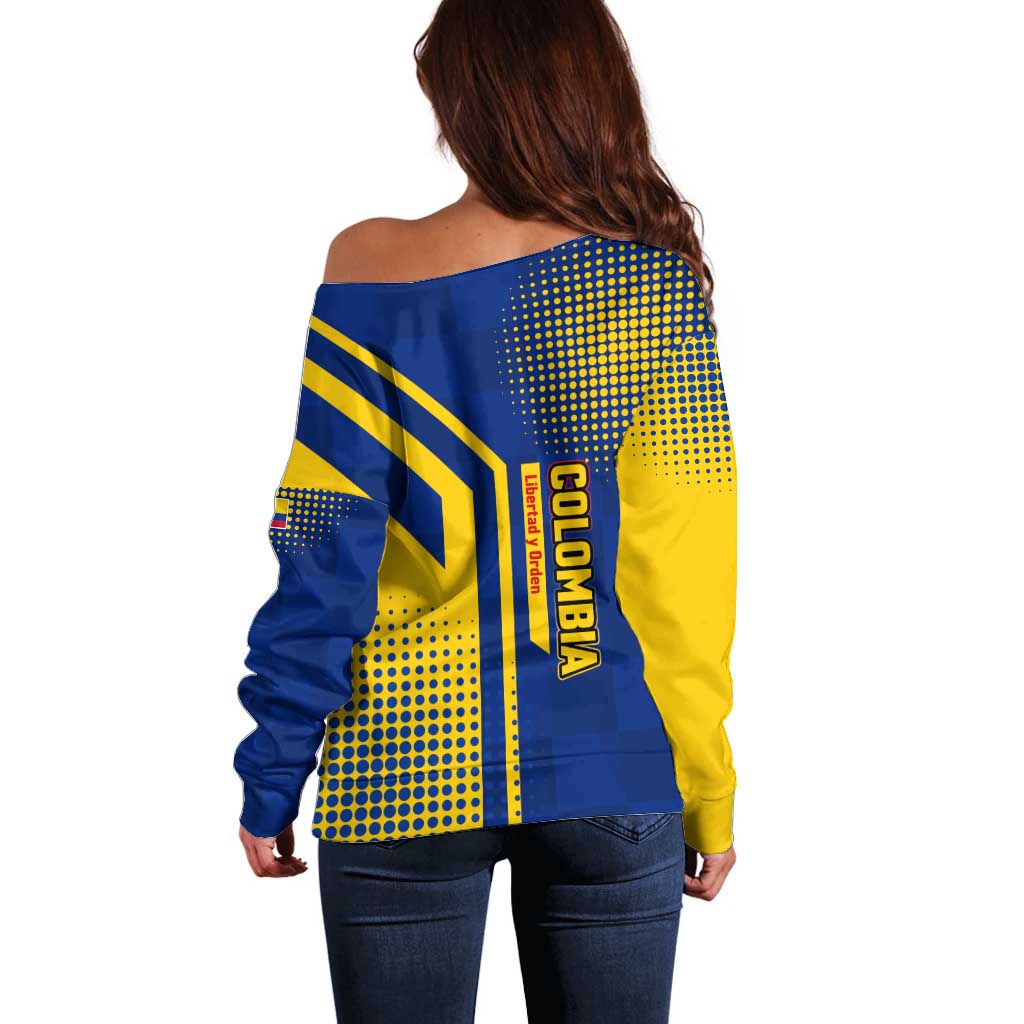 Colombia Flag Colors Off Shoulder Sweater with National Crest and Libertad y Orden Motto Design - Wonder Print Shop