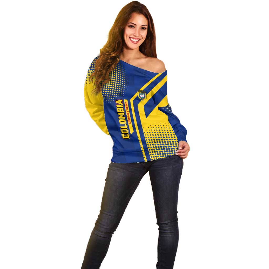 Colombia Flag Colors Off Shoulder Sweater with National Crest and Libertad y Orden Motto Design - Wonder Print Shop