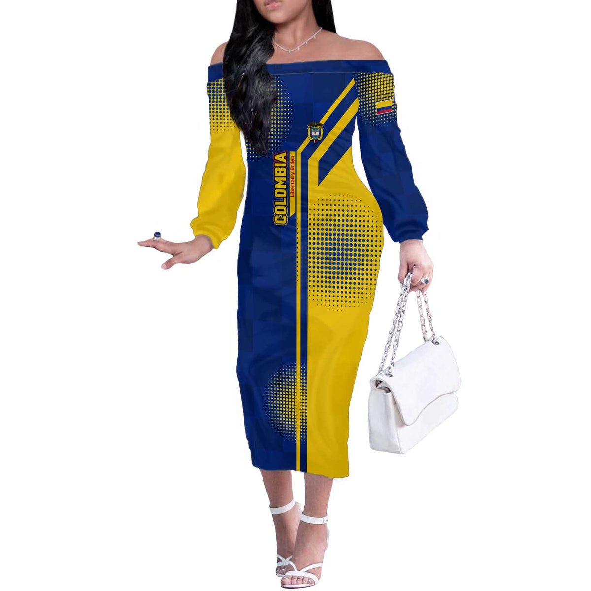 Colombia Flag Colors Off The Shoulder Long Sleeve Dress with National Crest and Libertad y Orden Motto Design - Wonder Print Shop