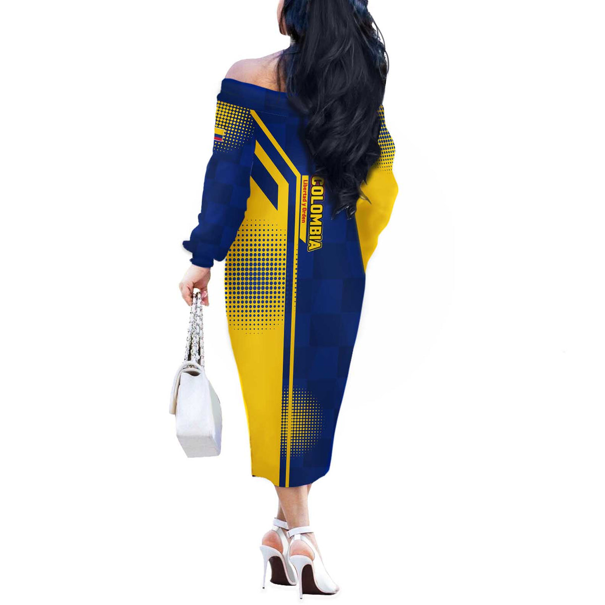 Colombia Flag Colors Off The Shoulder Long Sleeve Dress with National Crest and Libertad y Orden Motto Design - Wonder Print Shop