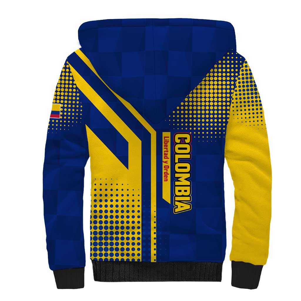 Colombia Flag Colors Sherpa Hoodie with National Crest and Libertad y Orden Motto Design - Wonder Print Shop