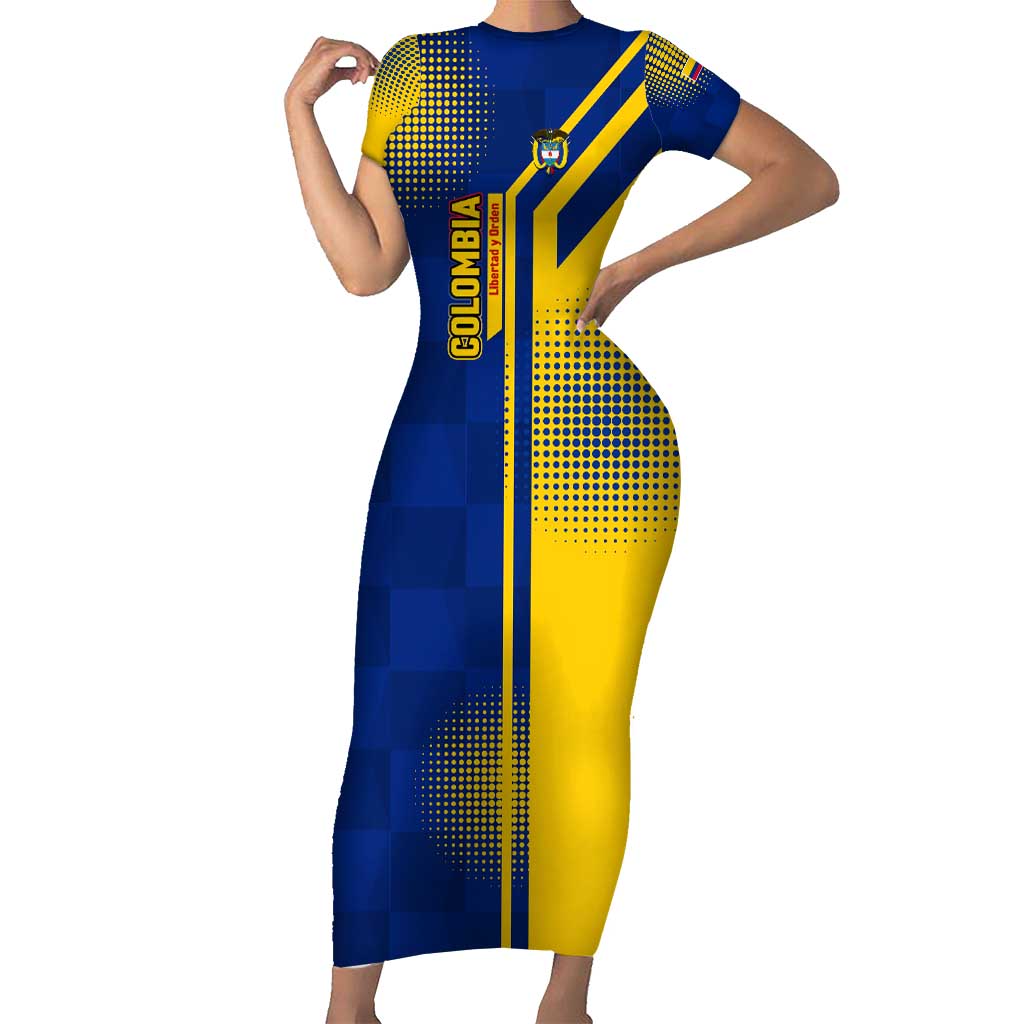 Colombia Flag Colors Short Sleeve Bodycon Dress with National Crest and Libertad y Orden Motto Design - Wonder Print Shop