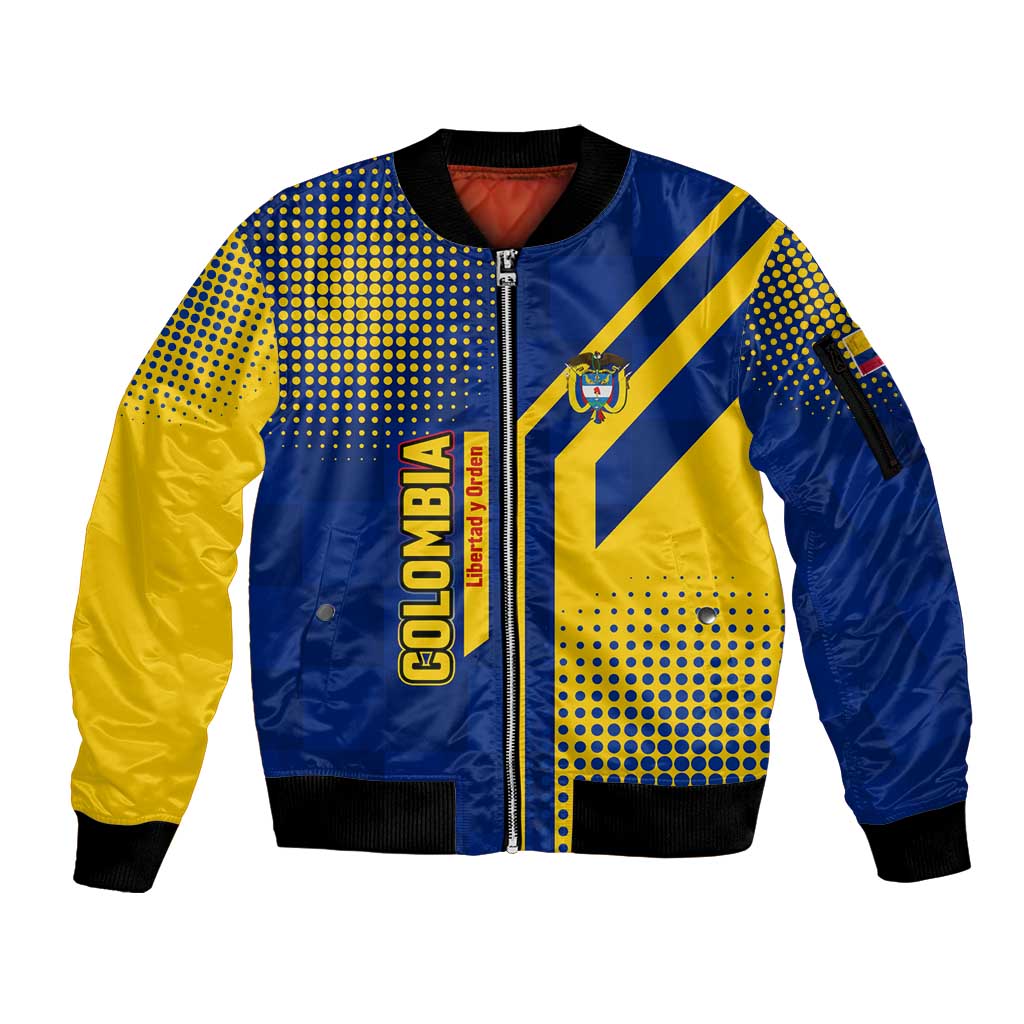 Colombia Flag Colors Sleeve Zip Bomber Jacket with National Crest and Libertad y Orden Motto Design - Wonder Print Shop