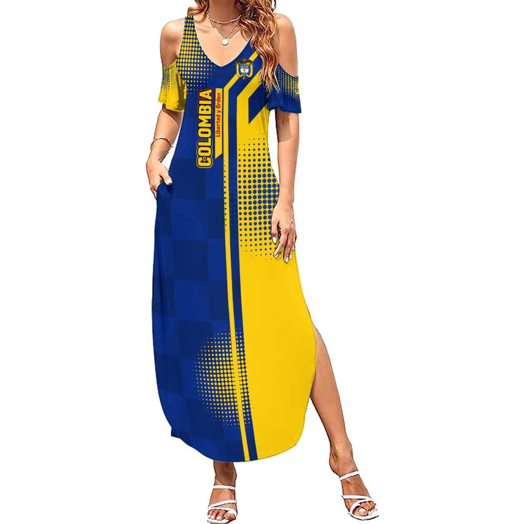 Colombia Flag Colors Summer Maxi Dress with National Crest and Libertad y Orden Motto Design - Wonder Print Shop