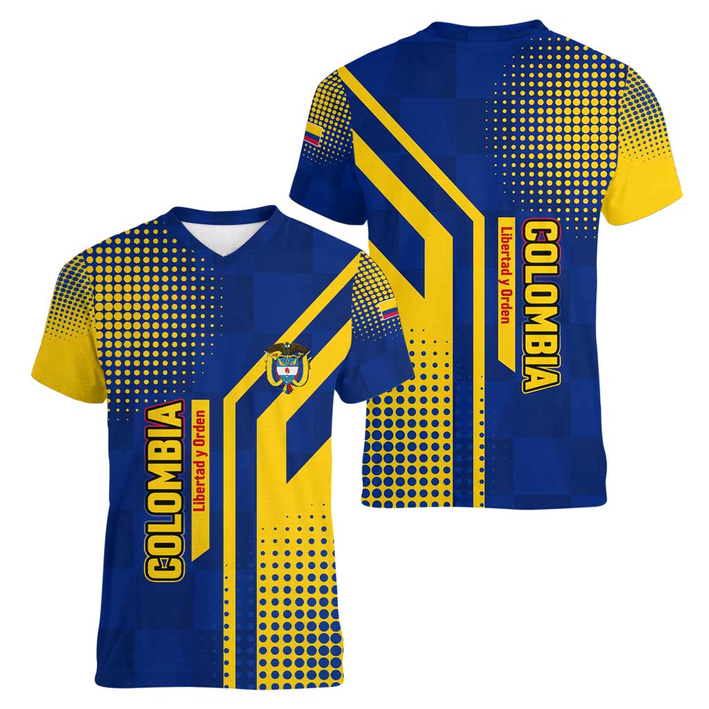 Colombia Flag Colors Women V-Neck T-Shirt with National Crest and Libertad y Orden Motto Design - Wonder Print Shop