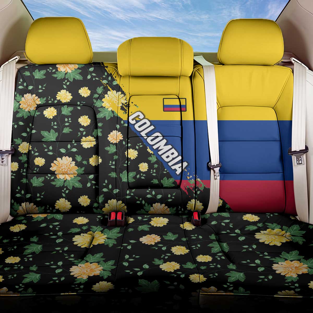 Colombia Yellow Flower Pattern Back Car Seat Cover with Flag Colors and Floree de Libertad Design - Wonder Print Shop