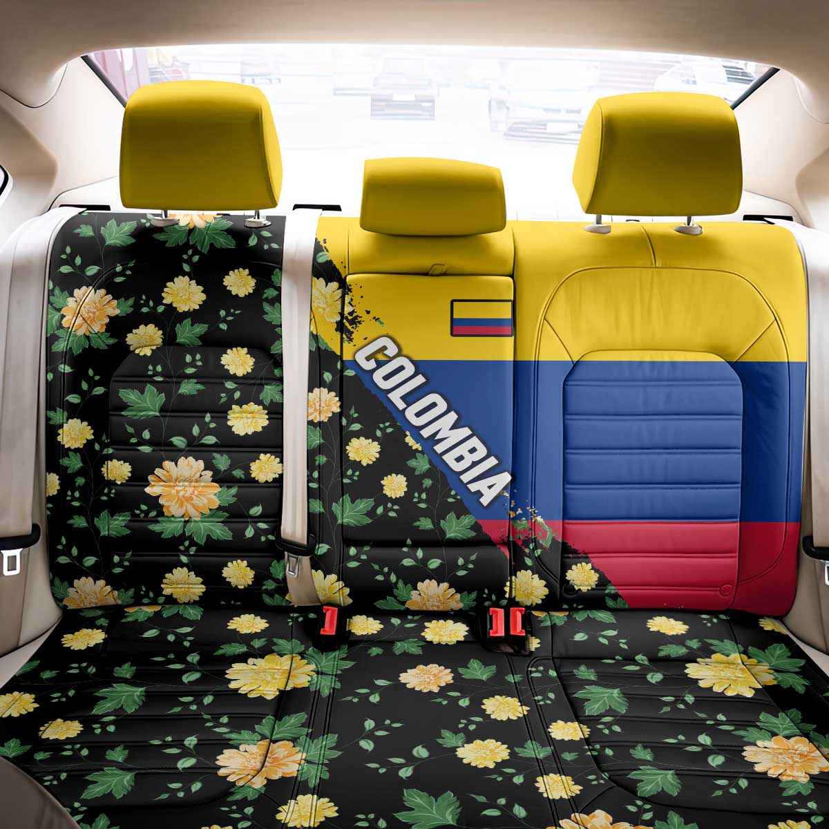 Colombia Yellow Flower Pattern Back Car Seat Cover with Flag Colors and Floree de Libertad Design - Wonder Print Shop