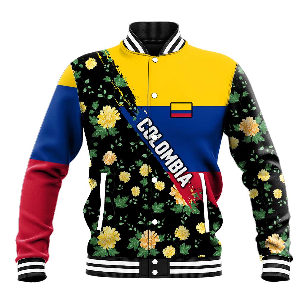 Colombia Yellow Flower Pattern Baseball Jacket with Flag Colors and Floree de Libertad Design - Wonder Print Shop