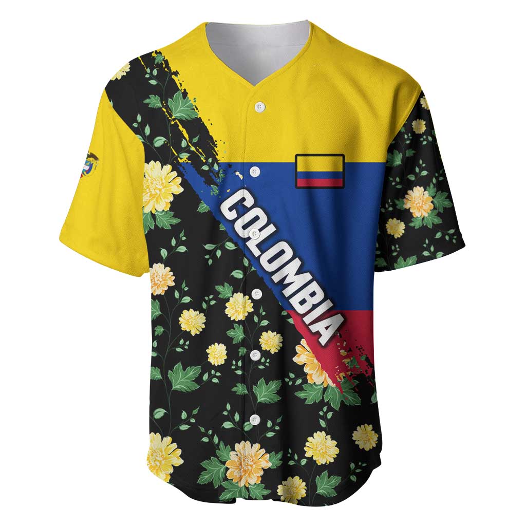 Colombia Yellow Flower Pattern Baseball Jersey with Flag Colors and Floree de Libertad Design - Wonder Print Shop