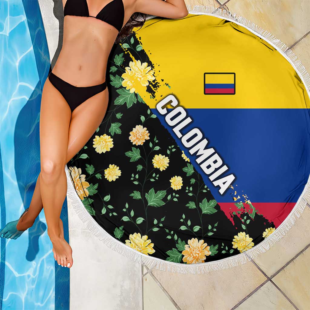 Colombia Yellow Flower Pattern Beach Blanket with Flag Colors and Floree de Libertad Design - Wonder Print Shop