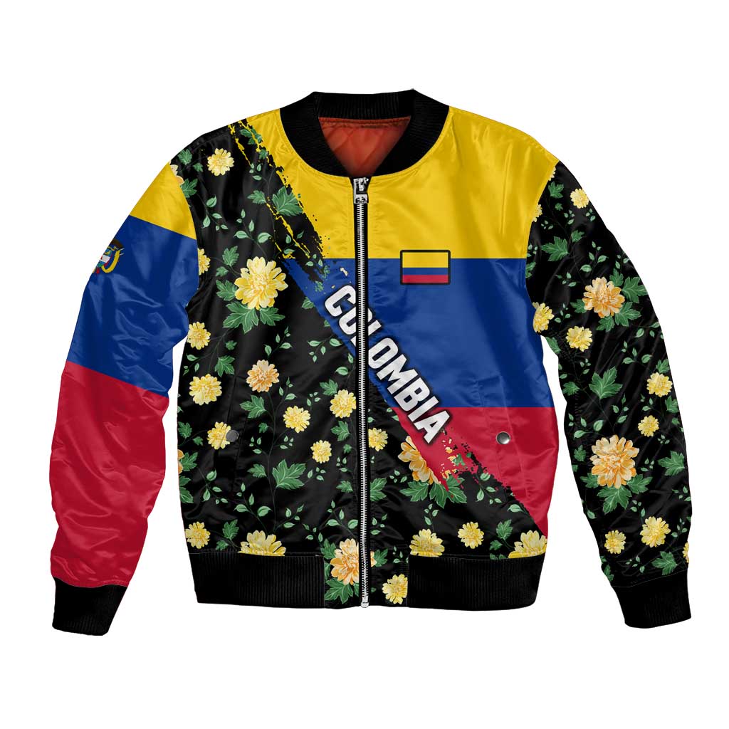 Colombia Yellow Flower Pattern Bomber Jacket with Flag Colors and Floree de Libertad Design - Wonder Print Shop