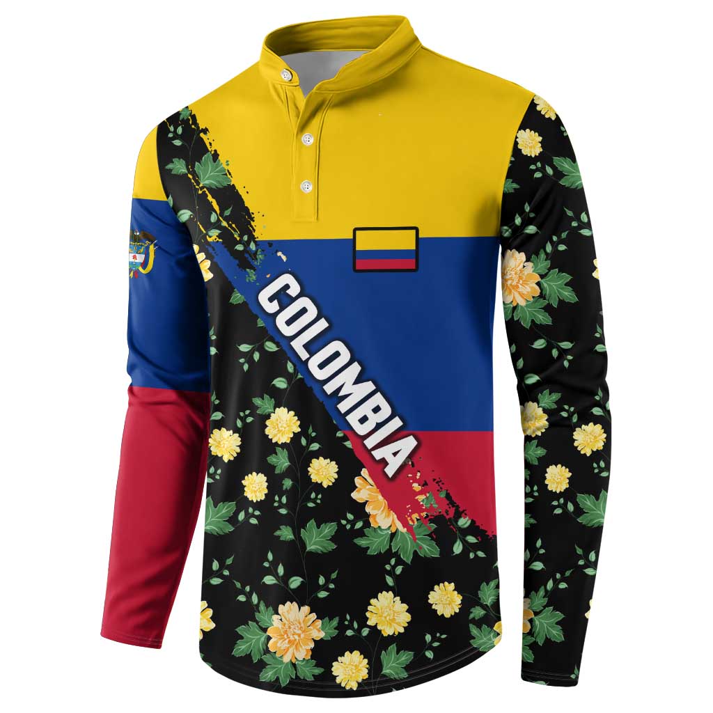Colombia Yellow Flower Pattern Button Sweatshirt with Flag Colors and Floree de Libertad Design - Wonder Print Shop