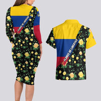 Colombia Yellow Flower Pattern Couples Matching Long Sleeve Bodycon Dress and Hawaiian Shirt with Flag Colors and Floree de Libertad Design - Wonder Print Shop