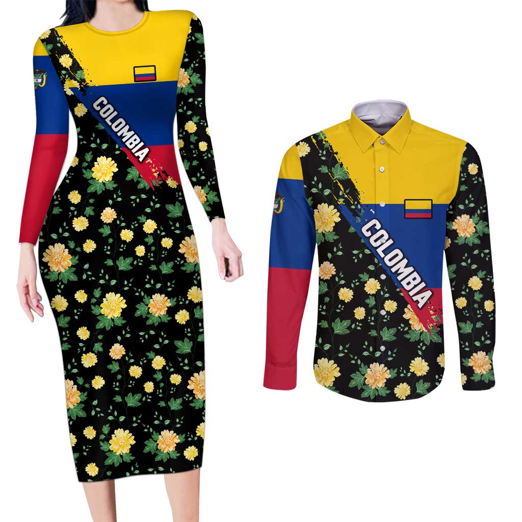 Colombia Yellow Flower Pattern Couples Matching Long Sleeve Bodycon Dress and Long Sleeve Button Shirt with Flag Colors and Floree de Libertad Design - Wonder Print Shop